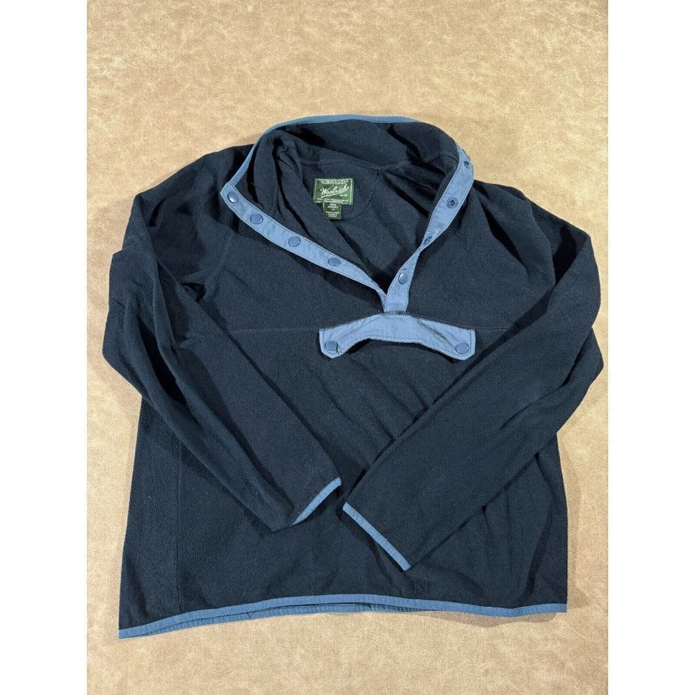 Woolrich Mens Henley Pullover Sweater Snap Button Fleece Long Sleeve Navy Blue L